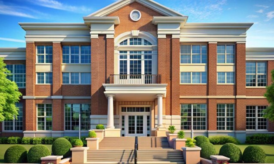 Brick school building with columns and a front staircase